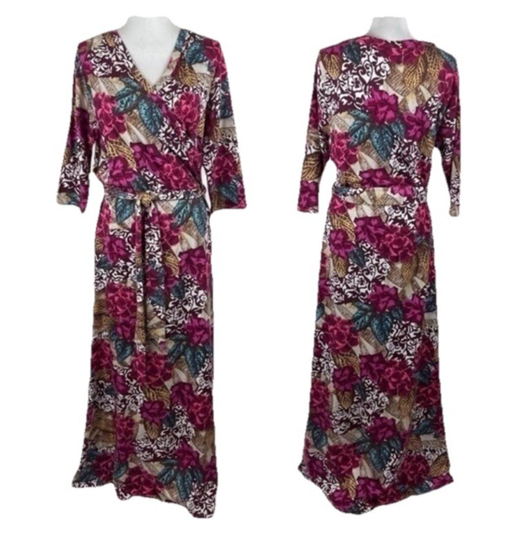 Soft Surroundings Womens Floral Multicolor Wrap Maxi Dress 1/2 Sleeve Petite S